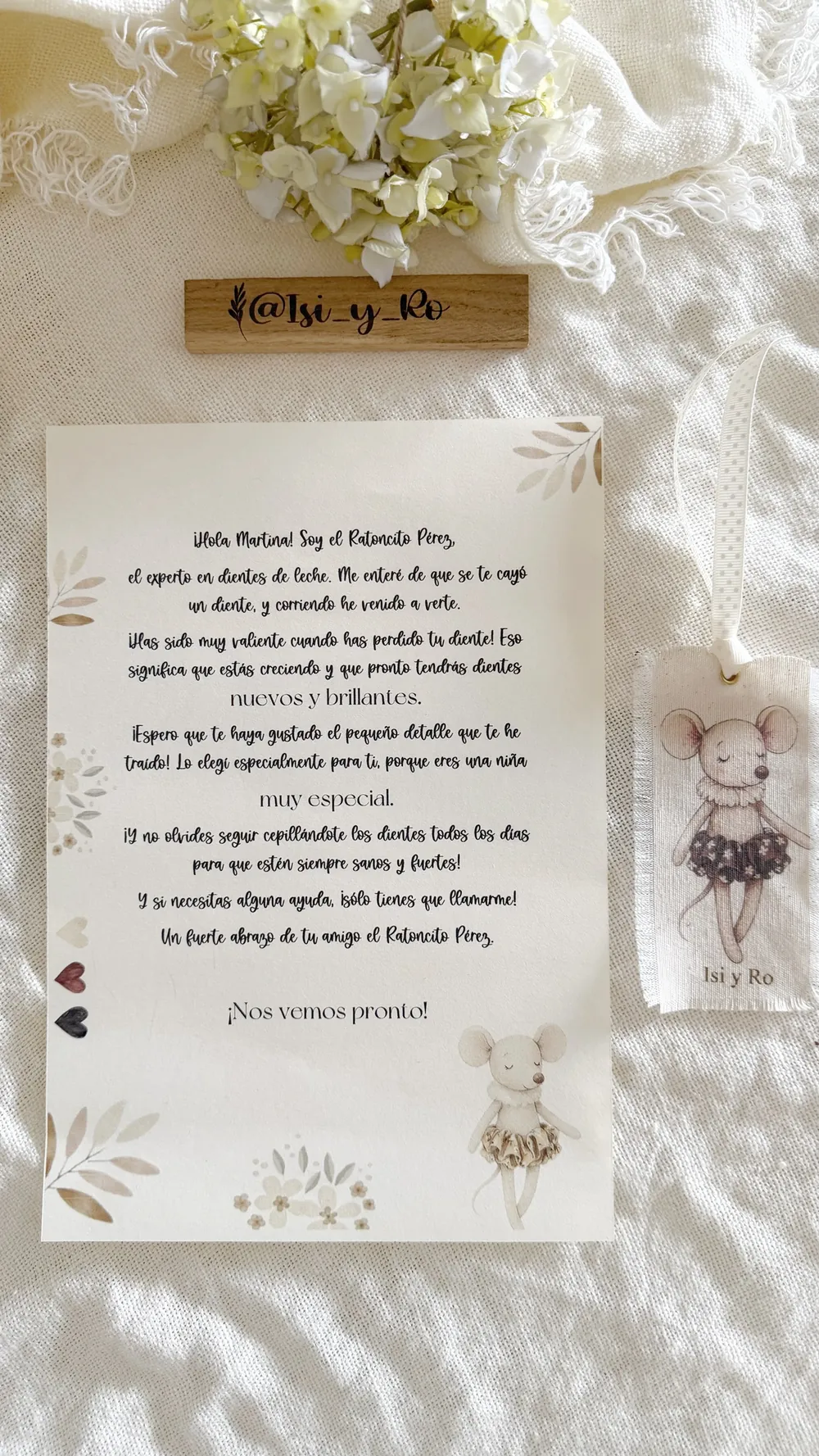 Carta personalizada del Ratoncito Pérez y etiqueta de tela ilustrada, regalo de Isi y Ro