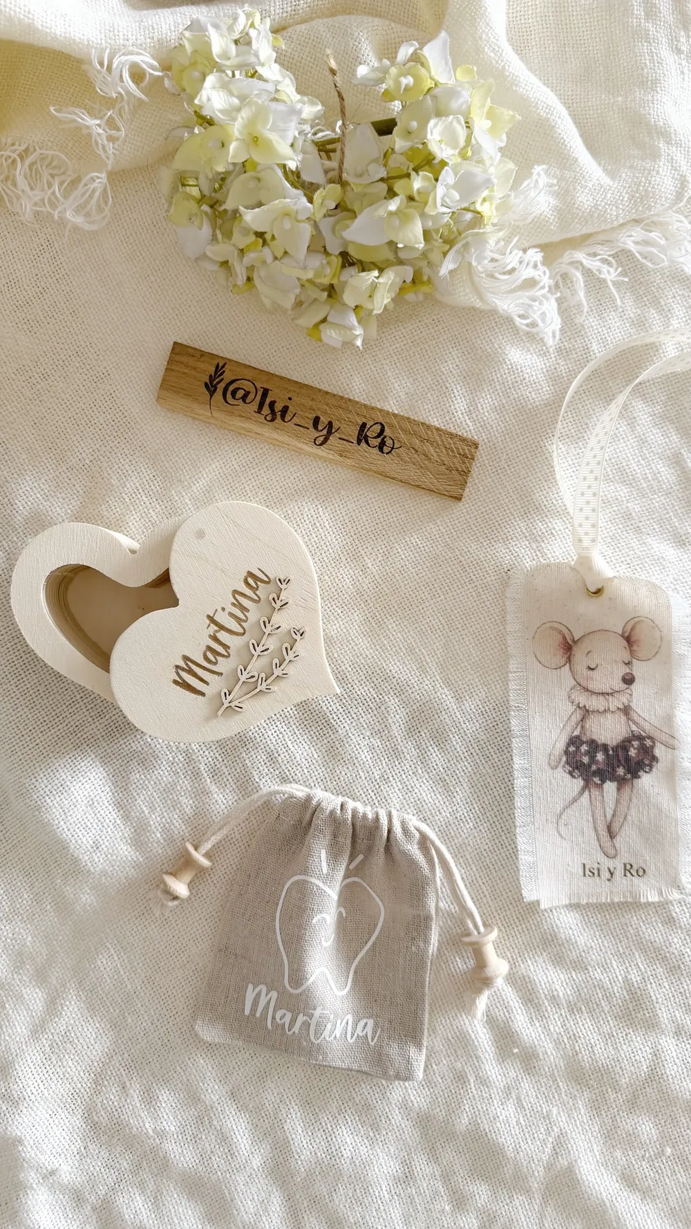 Caja de madera en forma de corazón y bolsita personalizada para guardar dientes de leche, regalo infantil