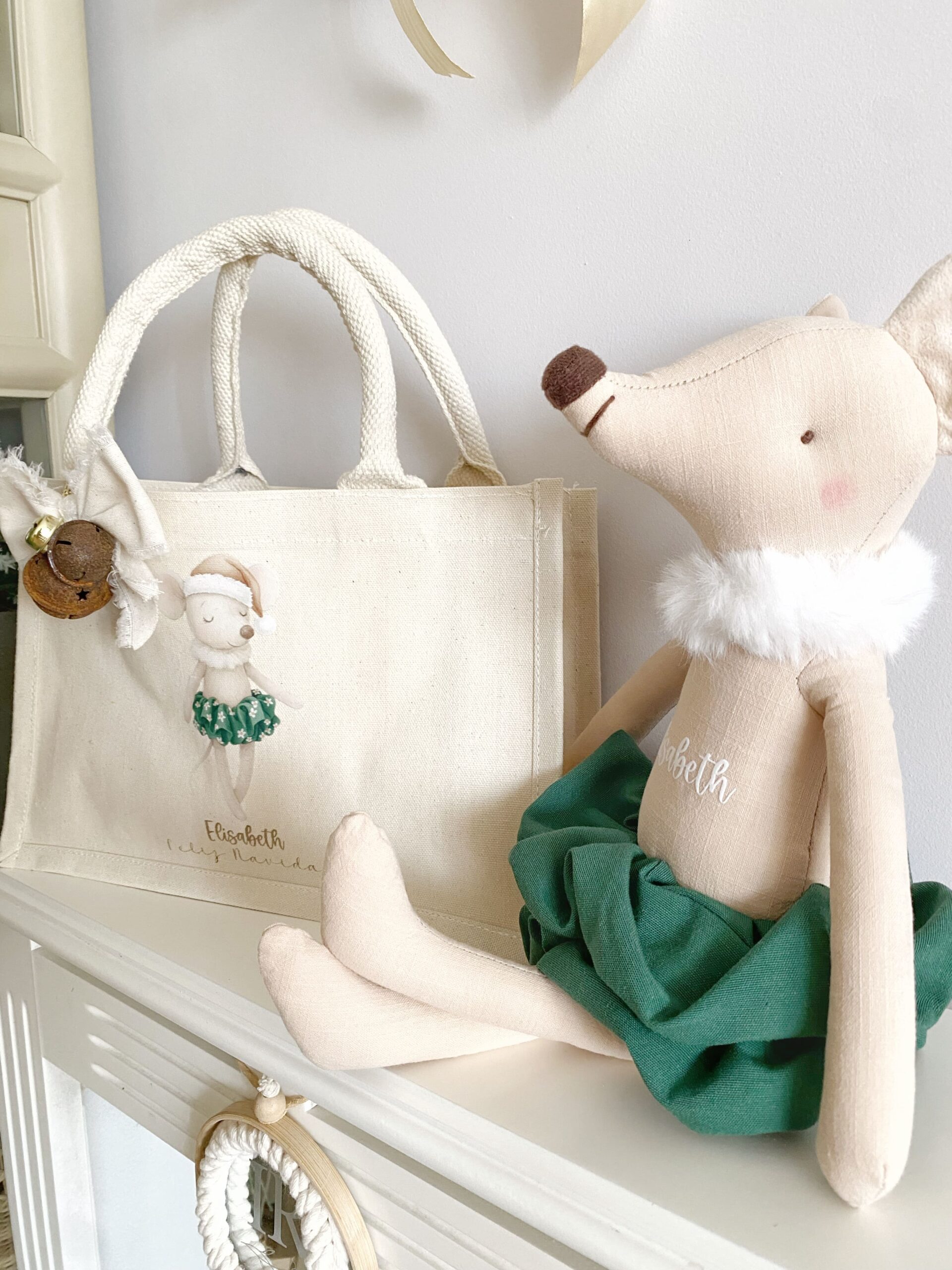 Regalo original y único de Navidad para niños: muñeco de ratón y bolsa con nombre a medida.