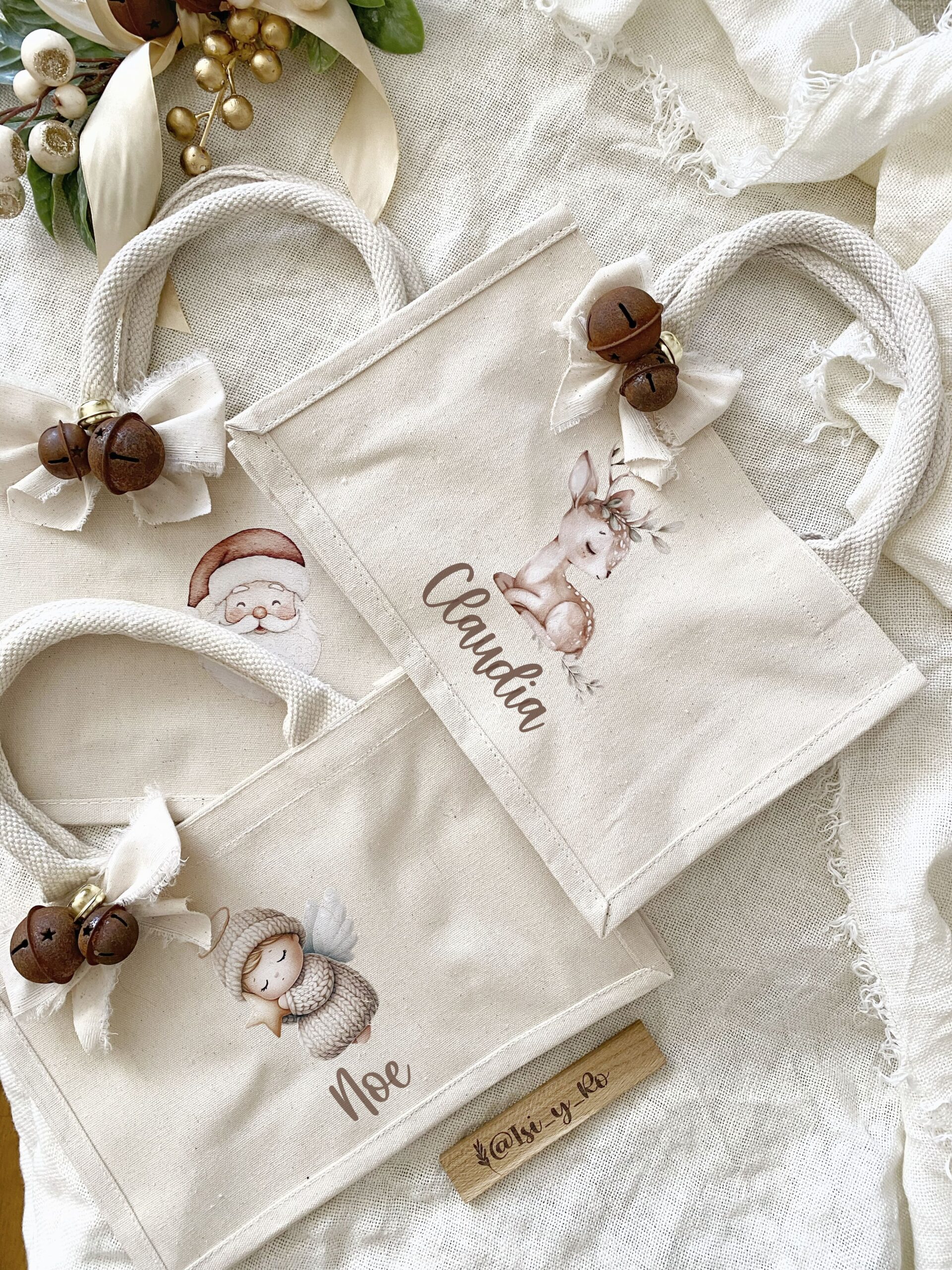 Saco tela motivos infantiles Navidad nombre